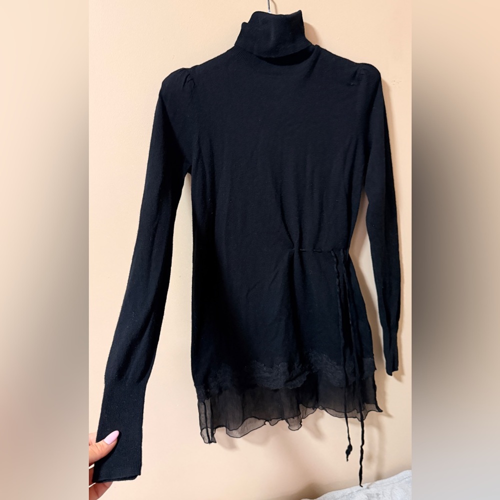 Ermanno Scervino Black Long Sleeve Turtleneck Top with Sheer Layered Hem